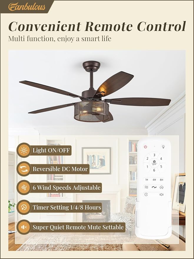 Fanbulous Farmhouse Oil Bronze Ceiling Fans with Lights and Remote, 52 Inch Bedroom Caged Ceiling Fans for Living Room Kitchen，6 Speed Reversible Quiet DC Motor, Dual Finish 5 Blades