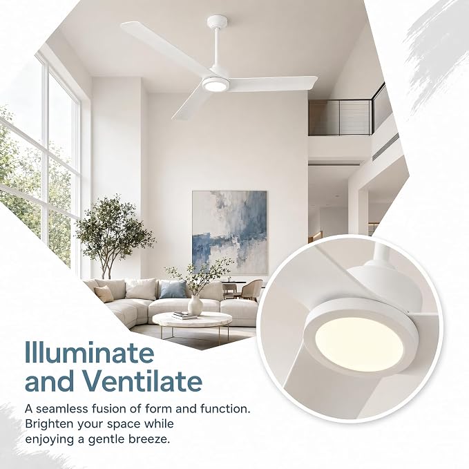 52 Inch Ceiling Fan with Light | Modern Minimalist Ceiling Fan | Reversible DC Motor, Dimmable 3-Color LED, Remote Control for Living Room