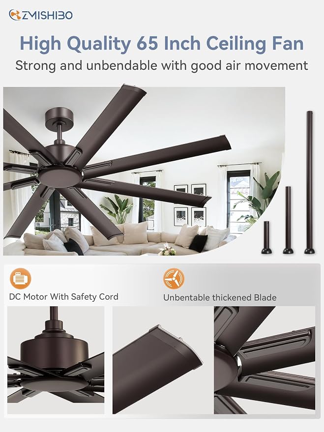 ZMISHIBO 65 Inch Industrial DC Motor Ceiling Fan, Large Ceiling Fan with 8 Reversible Blades, 3 Downrods, 6-Speed Remote Control, Home or Commercial Ceiling Fans for Porch/Garage/Shop, Oil-bronze