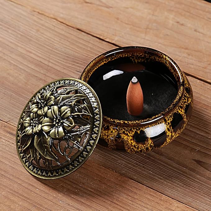 Incense Burner with Calabash Incense Stick Holder - Porcelain Charcoal Censer for Use with Resin Granular Powder Cone or Coil Incense (Fambe Yellow)