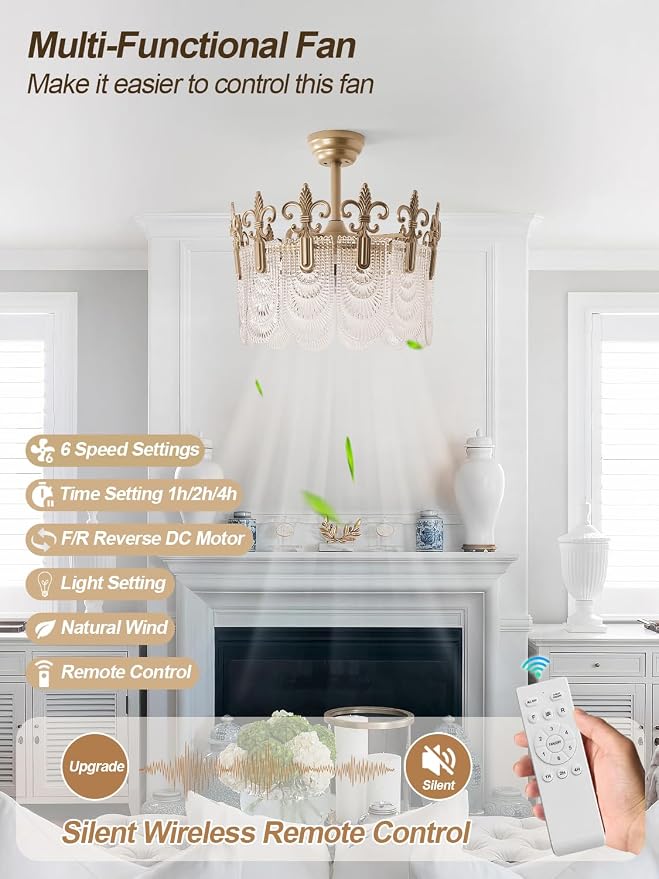 Gold Crystal Fandelier Ceiling Fan with Light,20" Gold French Chandelier Ceiling Fans with Lights Remote Control, Morden Mid-Century Caged with 6 Speeds for Bedroom, Nursery, Living Room