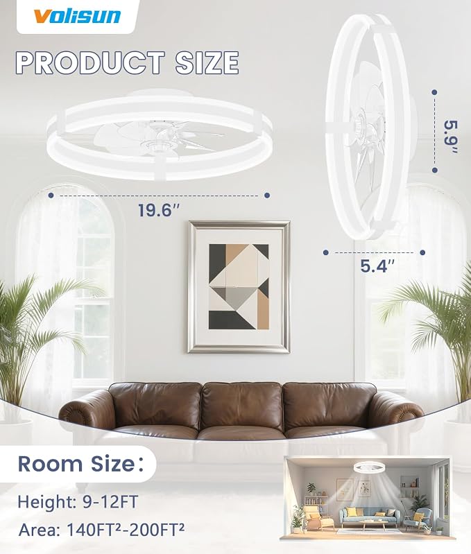 VOLISUN Ceiling Fans with Lights and Remote, 19.7in Low Profile Ceiling Fans with Light, 3000K-6500K Dimmable Fandelier Ceiling Fan, White Flush Mount Ceiling Fan for Bedroom