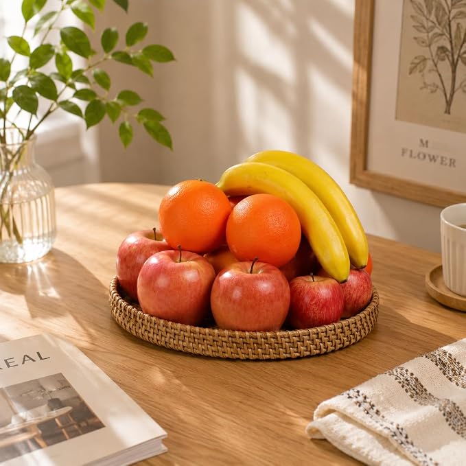 Round Rattan Tray with Mother of Pearl Inlay, Set of 3 Serving Trays for Coffee Table, Decorative Wicker Woven Ottoman Tray for Table Home Decor, Kitchen, Coffee, Bread, Fruits
