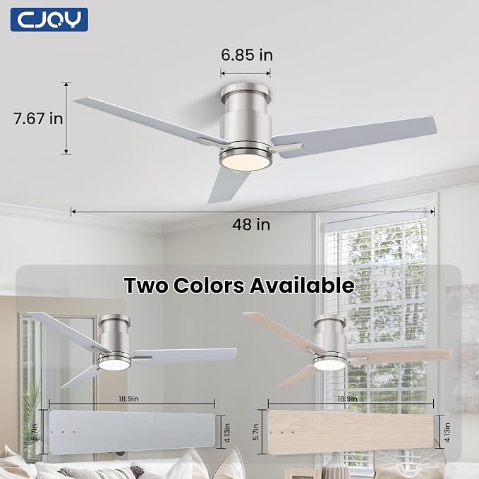 CJOY Ceiling Fan with Lights, 48 Inch Low Profile Ceiling Fans with Light and Remote, Reversible DC, Flush Mount, 3CCT，Dimmable, Modern Indoor/Outdoor Design for Bedroom, Living Room, Patio, Kitchen