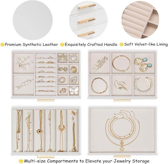 VLANDO 4-Drawer Jewelry Box with Glass Lid, Faux Leather Organizer for Rings Earrings Necklaces and More, Gift-Ready Jewelry Case for Women Girls or Moms, White