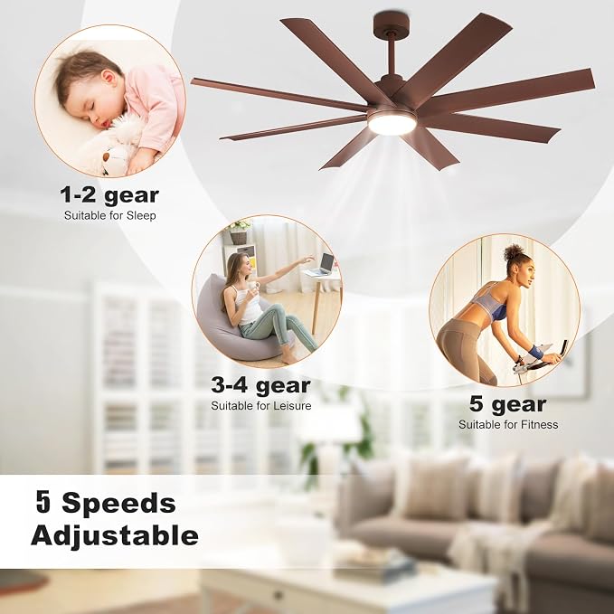Depuley 60-Inch Ceiling Fan with Light: 8-Blade Large Ceiling Fans with Remote Control - Ultra Quiet DC Motor Reversible Timer Brown