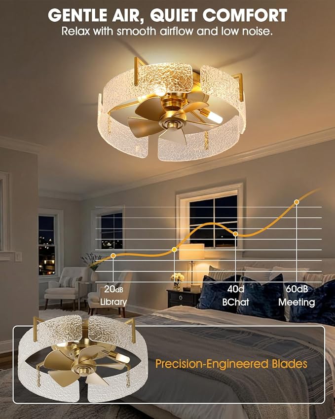 20 Inch Modern Gold Ceiling Fan with Light, Flush Mount Fandelier with Remote Control, Quiet Reversible DC Motor, Low Profile Ceiling Fans for Bedroom Living Room Nursery