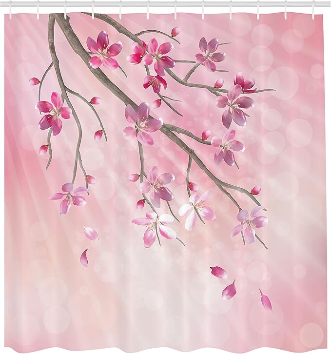 Ambesonne Nature Shower Curtain, Illustration of Spring Tree Branch with Blossoms Sun Beams on Blurred Background, Cloth Fabric Bathroom Decor Set with Hooks, 69" W x 84" L, Pink Fuchsia