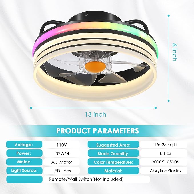 Mpayel RGB Ceiling Fans with Lights and Remote, 13" Low Profile Ceiling Fan | RGB, 6 Speeds, Dimmable, Reversible DC Motor, Modern Enclosed Flush Mount Ceiling Fan for Bedroom Kids Room