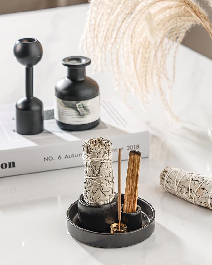 Ceramic Palo Santo and Sage Holder, Incense Holder for Palo Santo Sticks, Sage Burner Dish Stand with Ash Catcher, Modern Minimalist (Black)