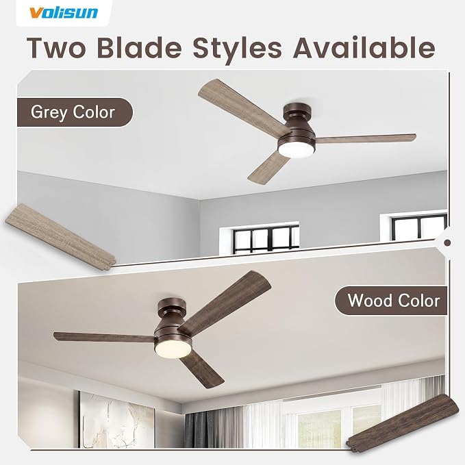 VOLISUN Ceiling Fans with Lights Flush Mount, 42 inch Low Profile Ceiling Fan with Light and Remote, Queit & Reversible Motor,3CCT, Dimmable, Brown Modern Ceilings Fans for Bedroom, Living Room