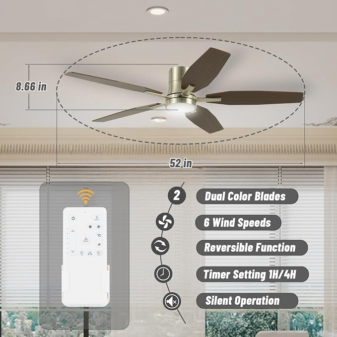 52" Flush Mount Ceiling Fan - 5 Blades Ceiling Fan with Light for Living Room and Bedroom - 5000 CFM - Quiet DC Motor - Dimmable - Reversible Function - Light Wood Tone/Dark Brown