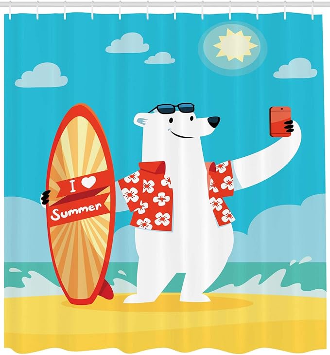 Ambesonne Sea Animals Shower Curtain, Polar Bear with I Love Summer Surfboard Taking Selfie at Beach Comic Fun Art, Cloth Fabric Bathroom Decor Set with Hooks, 69" W x 70" L, Aqua Yellow