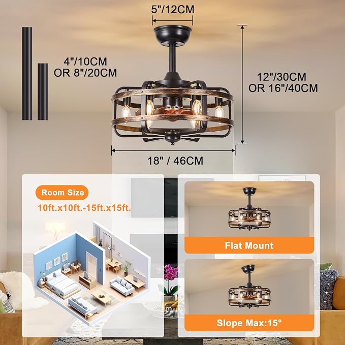 Caged Ceiling Fans with Lights Black Farmhouse 18‘’ Flush Mount Bladeless Rustic Chandeliers Fan Lights with Remote Vintage Reversible Ceiling Fan for Living Room Bedroom Kitchen 6 Light Bulb Base E12