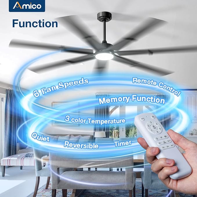 Amico Ceiling Fans with Lights,74 inch Black Ceiling fan with Light and Remote, 6 Speed Reversible DC Motor, 3CCT, Dimmable, Quiet, Timer, Large Modern Ceiling Fan for Living room, Indoor/Outdoor