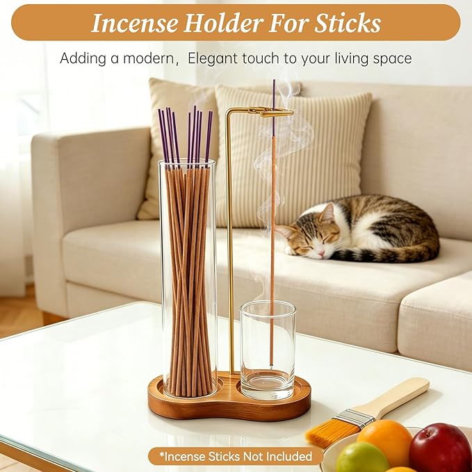 Anti Ash Incense Holder with Glass Ash Catcher, Vertical No Mess Incense Burner for Stick, Wooden Modern Design for Meditation Yoga Home Decor(Incense Sticks Not Included)