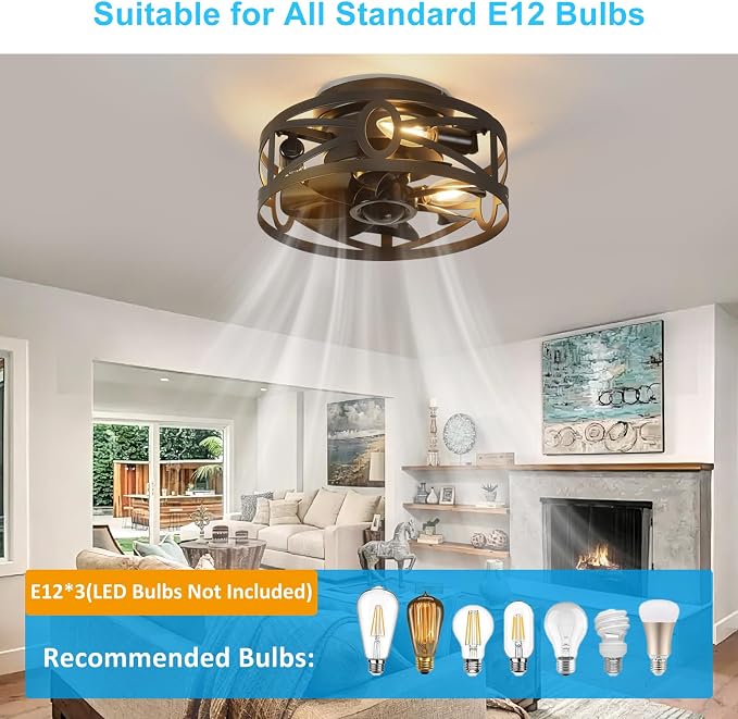Depuley Flush Mount Ceiling Fan: 12" Caged Ceiling Fans with Remote Control for Patio Kitchen Bedroom - Low Profile Fandelier Lights Fixture Reversible 6 Speed Timer Black 3*E12 Bulb Not Included