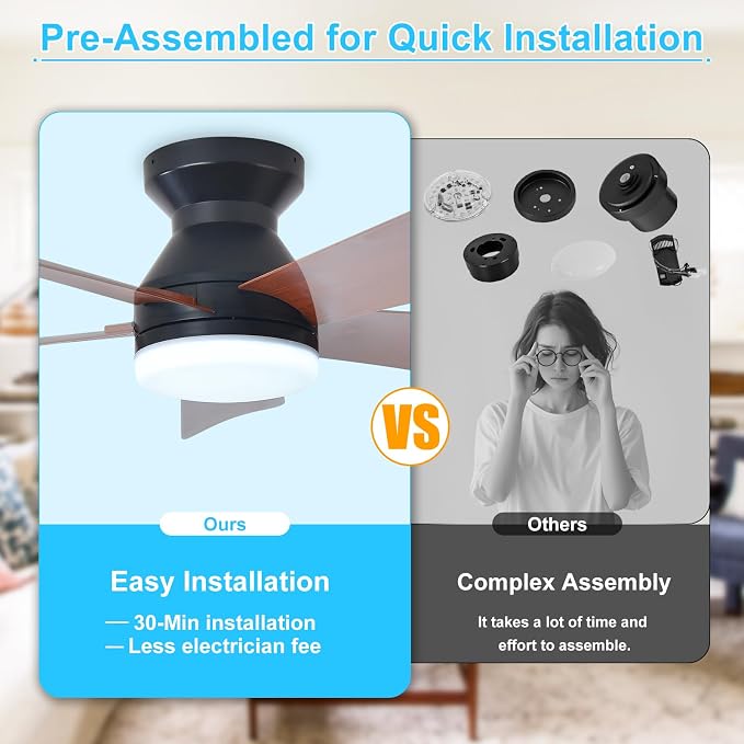 Depuley Modern Ceiling Fan with Light: 35-Inch Black Small Fans for Bedroom Indoor Outdoor - Dimmable Low Profile Ceiling Fans with Remote Control Flush Mount 5 Reversible Walnut Blades 6 Speeds Timer