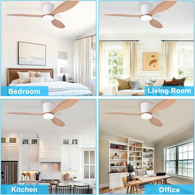 Depuley Flush Mount Ceiling Fan: 52-Inch White Ceiling Fans with Lights for Bedroom Indoor Outdoor - Low Profile Ceiling Fans with Remote Control 24W 3CCT Dimmable 3 Reversible Wood Blades 6 Speeds