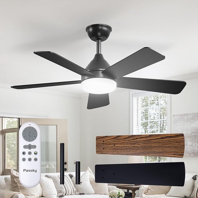 Passky Ceiling Fans with Lights, 42 inch Sleek Ceiling Fan with Light and Remote Control, 3CCT, Dimmable, Reversible, Noiseless, Black Ceiling Fan for Bedroom, Living Room