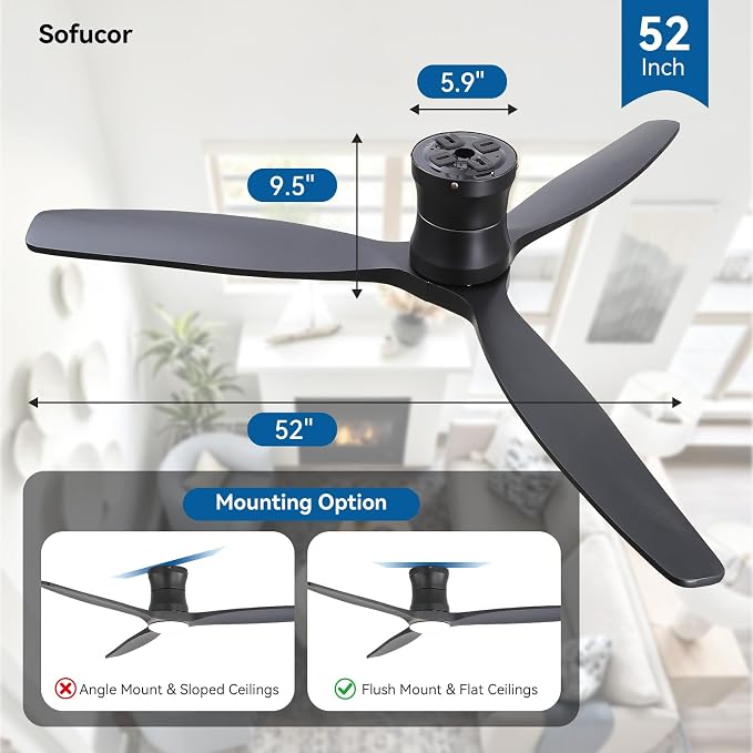 Sofucor 52" Smart Ceiling Fan, Solid Wood Ceiling Fan with Lights and Remote, Flush Mount Ceiling Fan Works with Alexa/Google/App, Dimmable 6-Speed Timing Reversible DC Motor for Bedroom Living Room