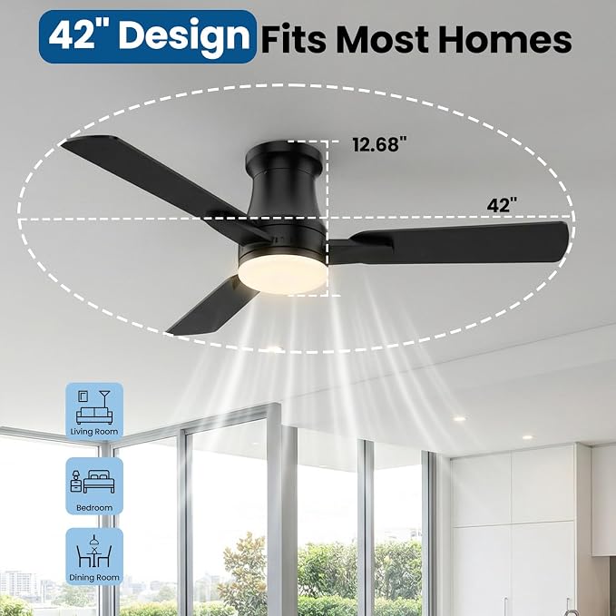 42 Inch Ceiling Fans with Lights, Fast Install Ceiling fan with Light and Remote/APP Control, 3CCT, Dimmable, Noiseless DC Reversible Motor, 3 Blades Black Ceiling Fan for Bedroom Outdoor