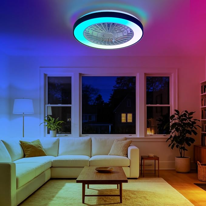 Depuley RGB Ceiling Fan with Light: 19" Enclosed Low Profile Flush Mount LED Ceiling Fans with Remote Control - Modern Black Bladeless Fandelier Dimmable Quiet DC Motor for Bedroom KTV Room