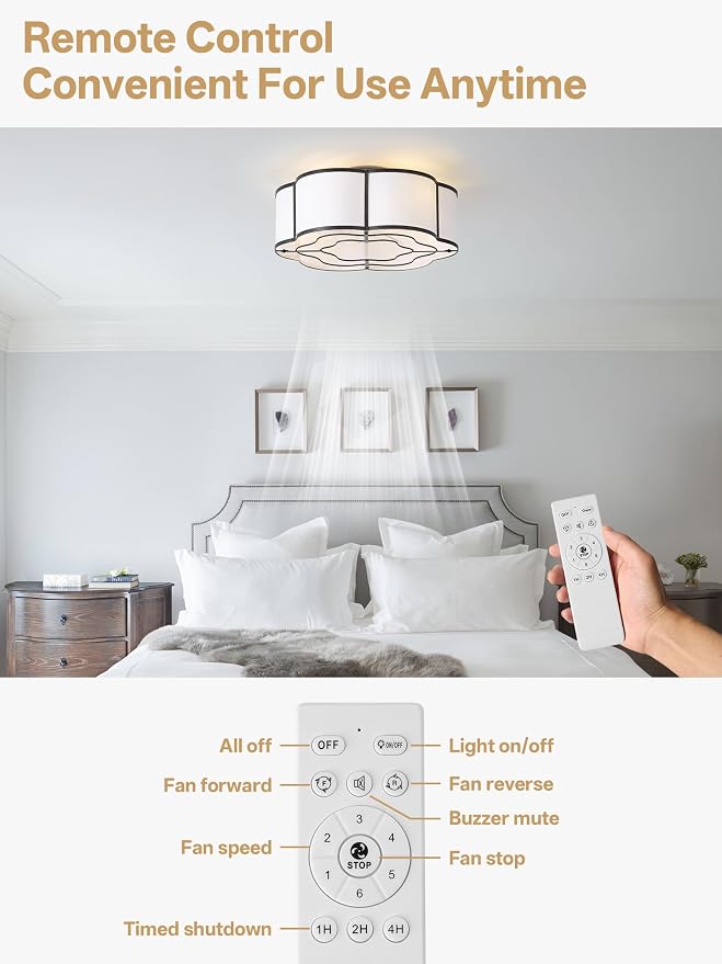 20" Farmhouse Ceiling Fan with Lights Flush Mount, Black Enclosed Ceiling Fans with Lights Remote Control, Caged with 6 Speeds for Bedroom, Living Room, Nursery
