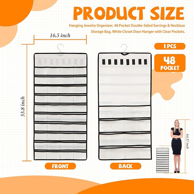 48 Pockets Hanging Jewelry Organizer with Necklace Straps, Double-Sided White Closet Jewelry Holder for Space-Saving Storage of Earrings, Bracelets & Necklaces