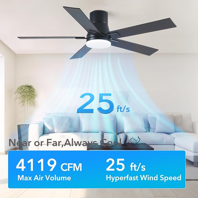 Rayqueen 52 Inch Flush Mount Black Ceiling Fans with Lights and Remote | 6 Speed Reversible DC motor,3-color temperature dimmable LED.For indoor/covered outdoor.Modern style for bedroom room