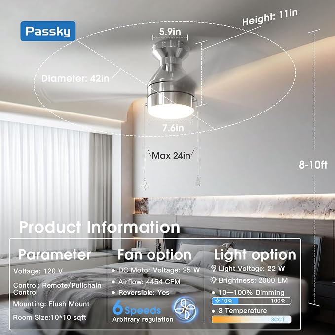 Passky Ceiling Fans with Lights, 42 inch Low Profile Ceiling Fan with Pull Chain and Remote Control, Flush Mount, Reversible, 5CCT, Dimmable, Noiseless, Nickel Pull Cord Ceiling Fan for Bedroom