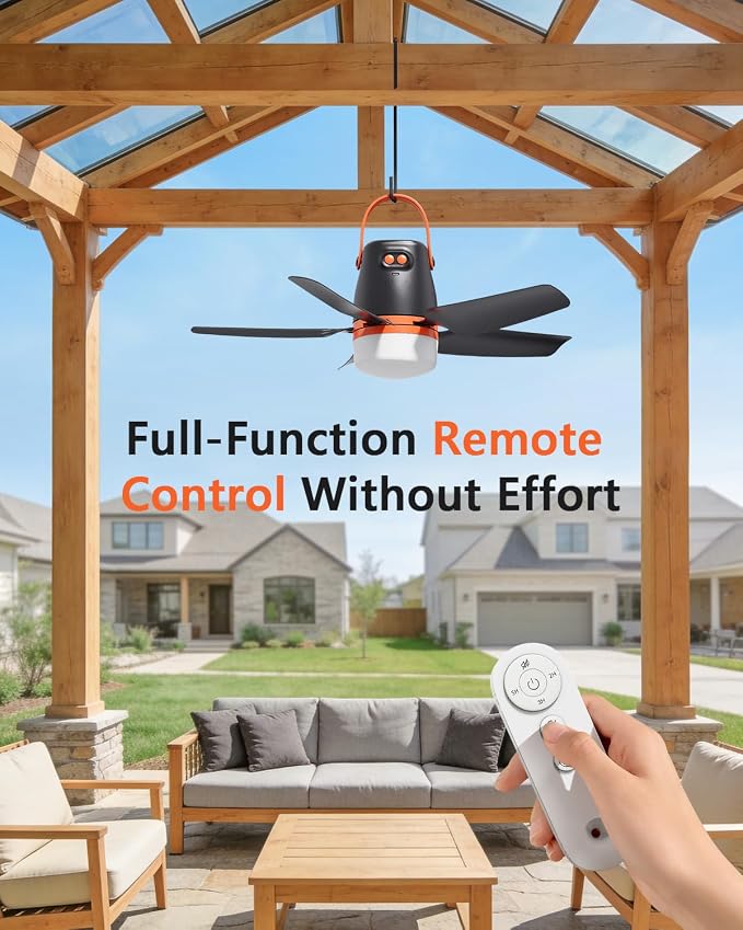20” Canopy Fan with Lights, 20000mAh Battery Operated Ceiling Fan, Portable Outdoor Camping Fan with Remote Control, 4 Speeds & Dimmable for Canopy, Tent, Gazebo, RV, Garage