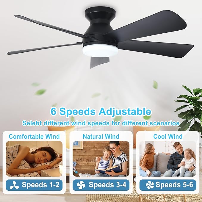 Depuley Modern Ceiling Fan with Light: 42-Inch Black Small Fans for Bedroom Indoor Outdoor - Dimmable Low Profile Ceiling Fans with Remote Control Flush Mount 5 Reversible Black Blades 6 Speeds Timer