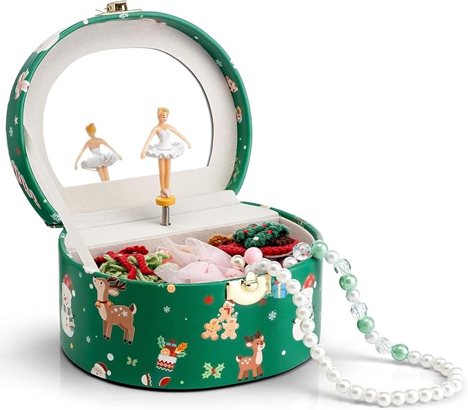 VLANDO Gifts for Girl, Musical Jewelry Box for Girls, Small Kid Music Box with Ballerina for Party Bedroom Decor, Gifts for Girls Kids - Christmas Green