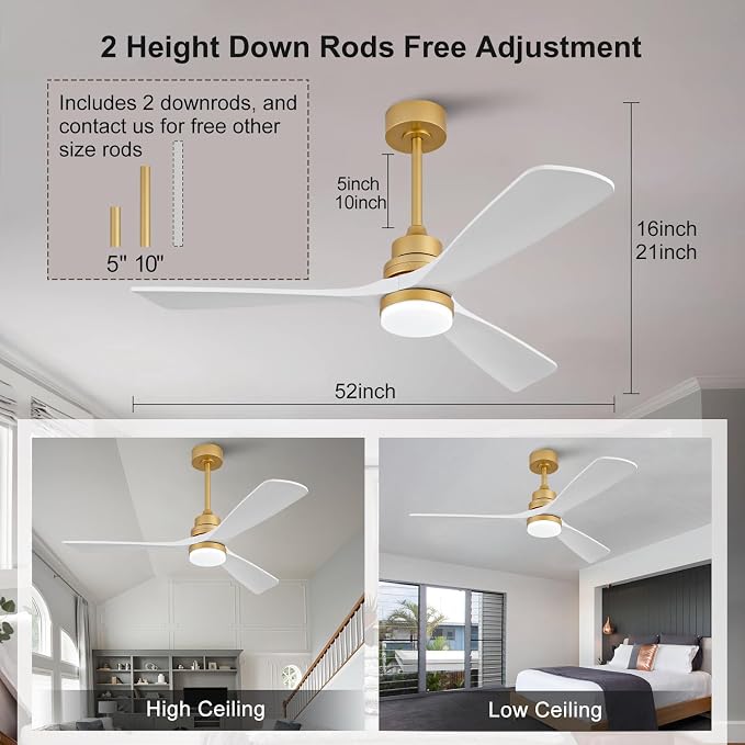 52 Inch Wood Ceiling Fans with Lights and Remote, White Gold Outdoor Ceiling Fan with Light, Dimmable 3 Blades Outdoor Fans for Patios Noiseless Modern Ceiling Fans for Bedroom Living Room