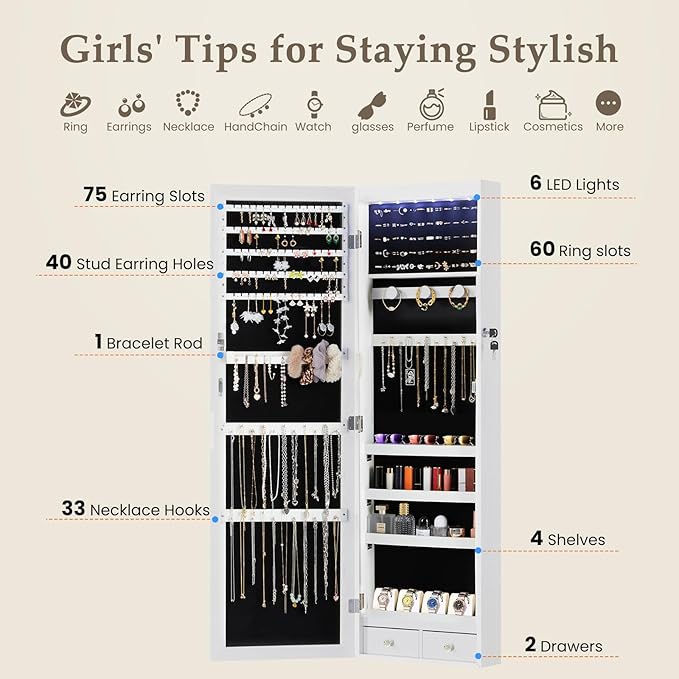 DUMOS 6 LEDs Mirror Jewelry Cabinet, Wall or Door Mounted Jewelry Organizer, 47.2-Inch Tall Lockable Large Capacity Cosmetic Storage, Gift Idea, White | Hanging Door or Wall Mounted Mirror, Lockable, Large Capacity Cosmetic Storage, 2 Drawers, Gift Ide...