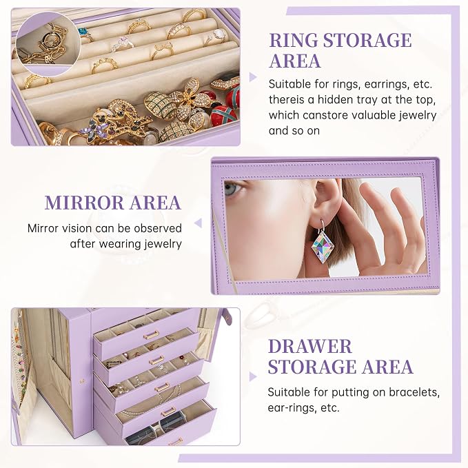 AKOZLIN 6-Tier Jewelry Box Organizer Functional 5 Drawers Leather Jewelry Storage Case for Women Girls Ring Necklace Earring Bracelet Holder Organizer with Mirror Extra Large Violet