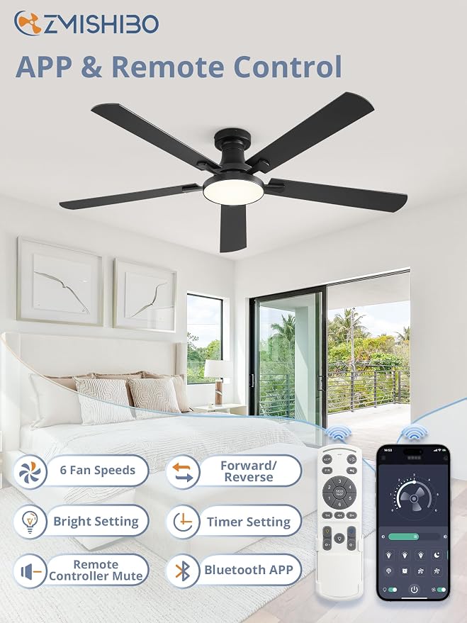 ZMISHIBO 60 Inch Flush Mount Ceiling Fan with Light, Remote&APP, Black | 6-Speed Quiet DC Motor, Dimmable 24W LED with 3CCT (3000K-6500K), Modern Low Profile for Living Room, Bedroom, Kitchen