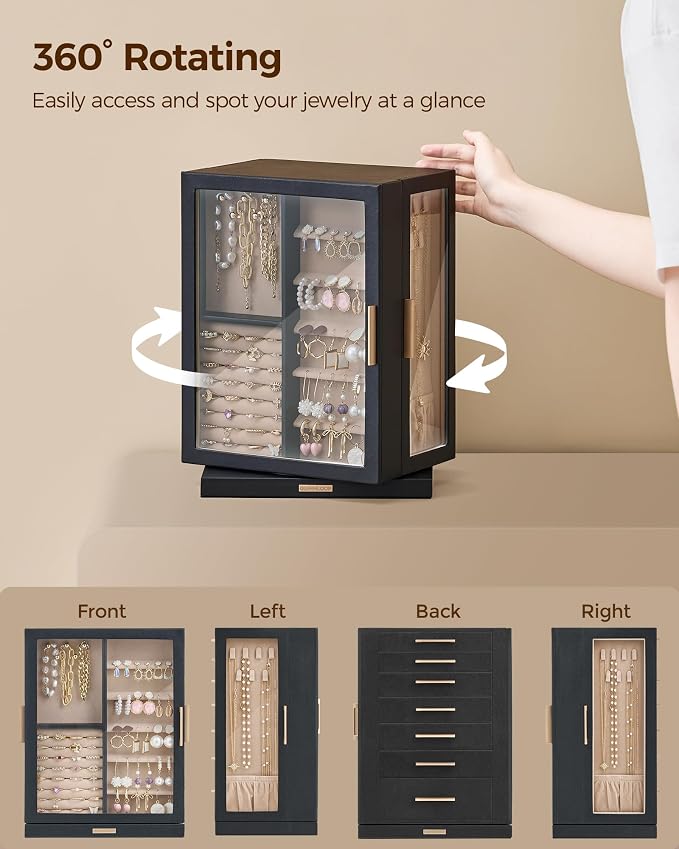 Glimmloop 360° Rotating Jewelry Box with 7 Drawers, Spacious Vertical Jewelry Organizer with Glass Window, Jewelry Storage Case, Dustproof & Moisture-resistant Design, Black