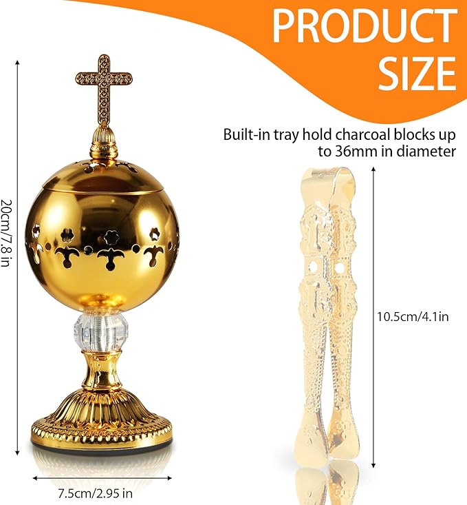 Traditional Incense Burner – Gold Charcoal Censer with Clip – Aromatherapy Resin Holder for Church, Meditation, Yoga, and Home