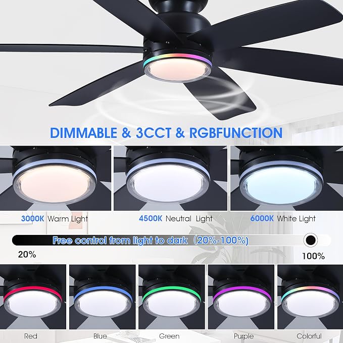 Kviflon 46" Modern Ceiling Fans with RGB Lights Remote/APP Control, Low Profile Flush Mount Ceiling Fan, 6 Reversible Plastic Blades 6 Speeds, RGB + 3 CCT Dimmable Lights for Bedroom Kidsroom, Black