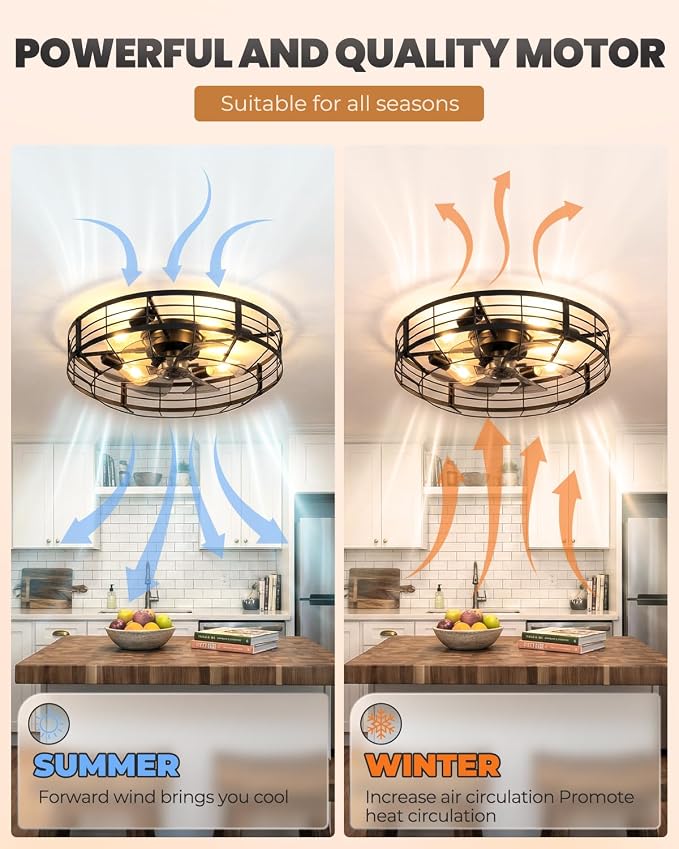 23 Inch Farmhouse Caged Ceiling Fan with Light, Remote Control Flush Mount Fan Lights Ceiling Fixtures, 6 Speeds Reversible Motor Bladeless Indooor Lights for Kitchen, Living Room, Bedroom, Black
