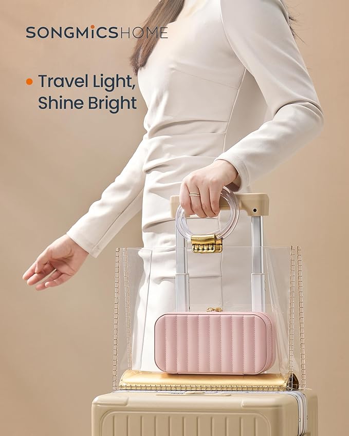 SONGMICS HOME Travel Jewelry Case with Mirror, Stitching, Portable | Jewelry box organizer, 4.1 x 8 x 2.4 Inches, Gift Idea, Jelly Pink, UJBC180S01