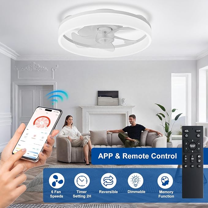 DLLT LED Ceiling Fan with Light: 16" Modern Low Profile Flush Mount Fandelier with App & Remote Control - Dimmable White Bladeless Fan Light Fixture for Bedroom Kids Room Living Room