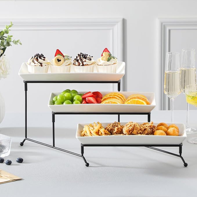 MALACASA 3 Tier Serving Trays for Party, Porcelain Serving Platters and Trays, 12 Inch Tiered Tray Stand, Fruit Tray, Trays for Serving Food, White Dessert Stand with Collapsible Sturdier Metal Rack | Tiered Serving Stand for Party, Fruit Tray, Trays f...