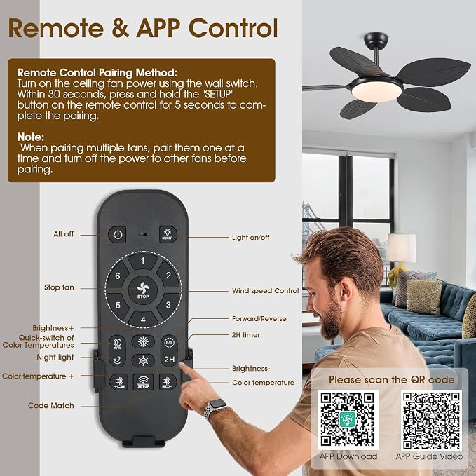 Wiviniya 48 Inch Tropical Ceiling Fans with Lights, Palm Leaf Outdoor Ceiling Fan with Light for Patios Porch Bedroom Living Room, Remote/APP Control, Reversible Quiet DC Motor, Dimmable LED, Black