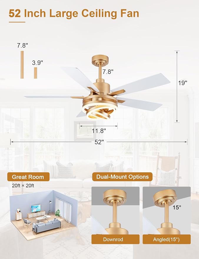 52" White and Gold Modern Chandelier Fandelier Ceiling Fan with Light | DC motor, reversible, dimmable, 3 adjustable rings for DIY shape; recommended for bedroom, living room, and indoor use.