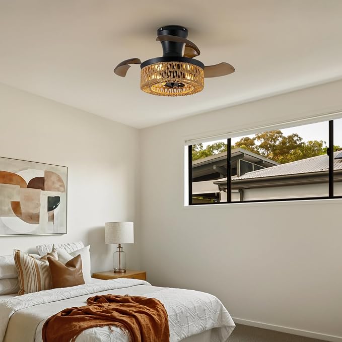 28'' Retractable Ceiling Fan with Lights and Remote, Flush Mount Small Caged Ceiling Fan Farmhouse Boho Fandelier Invisible Blades 6 Wind Speed for Kids Room Bedroom Kitchen Dining Room