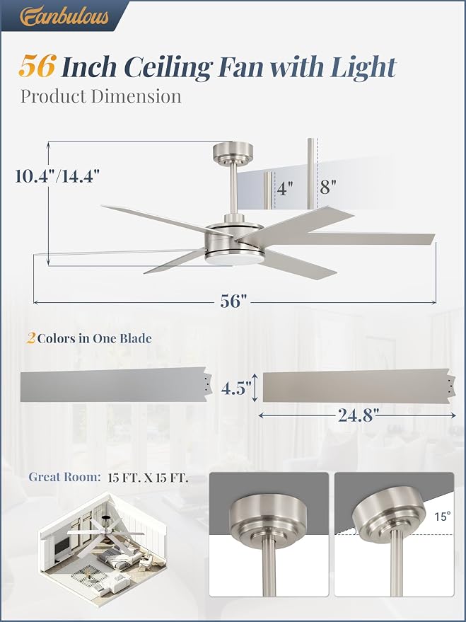 Fanbulous 56 Inch Ceiling Fans with Lights and Remote, Reversible 6 Blades, Dimmable, 3000K-6000K Adjustable, Outdoor Ceiling Fans for Patios, Large Ceiling Fan for Indoor or Covered Outdoor, Nickel