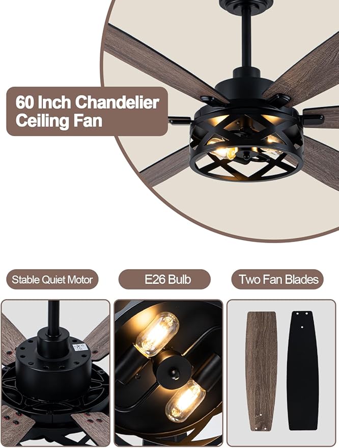 60 Inch Farmhouse Ceiling Fan with Light and Remote Black Rustic Ceiling Fan Quiet and Reversible DC Motor Caged Chandelier Fan for Living Room Bedroom